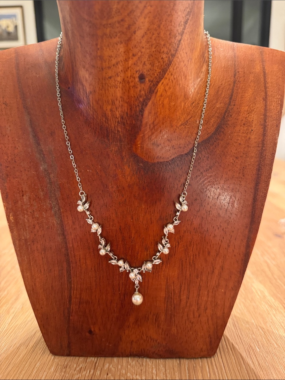 Delicate Silver Floral Pearl Drop Necklace - Silver